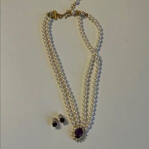 Avon Pearl and Purple Gemstone Necklace Set